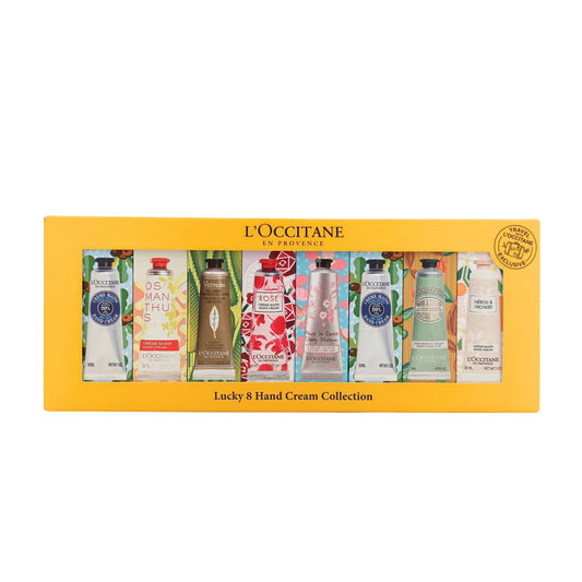 L'Occitane Lucky 8 Hand Cream Collection – 8 assorted 30ml tubes in gift packaging, available at Zakura Global for nourishing and fragrant hand care.
