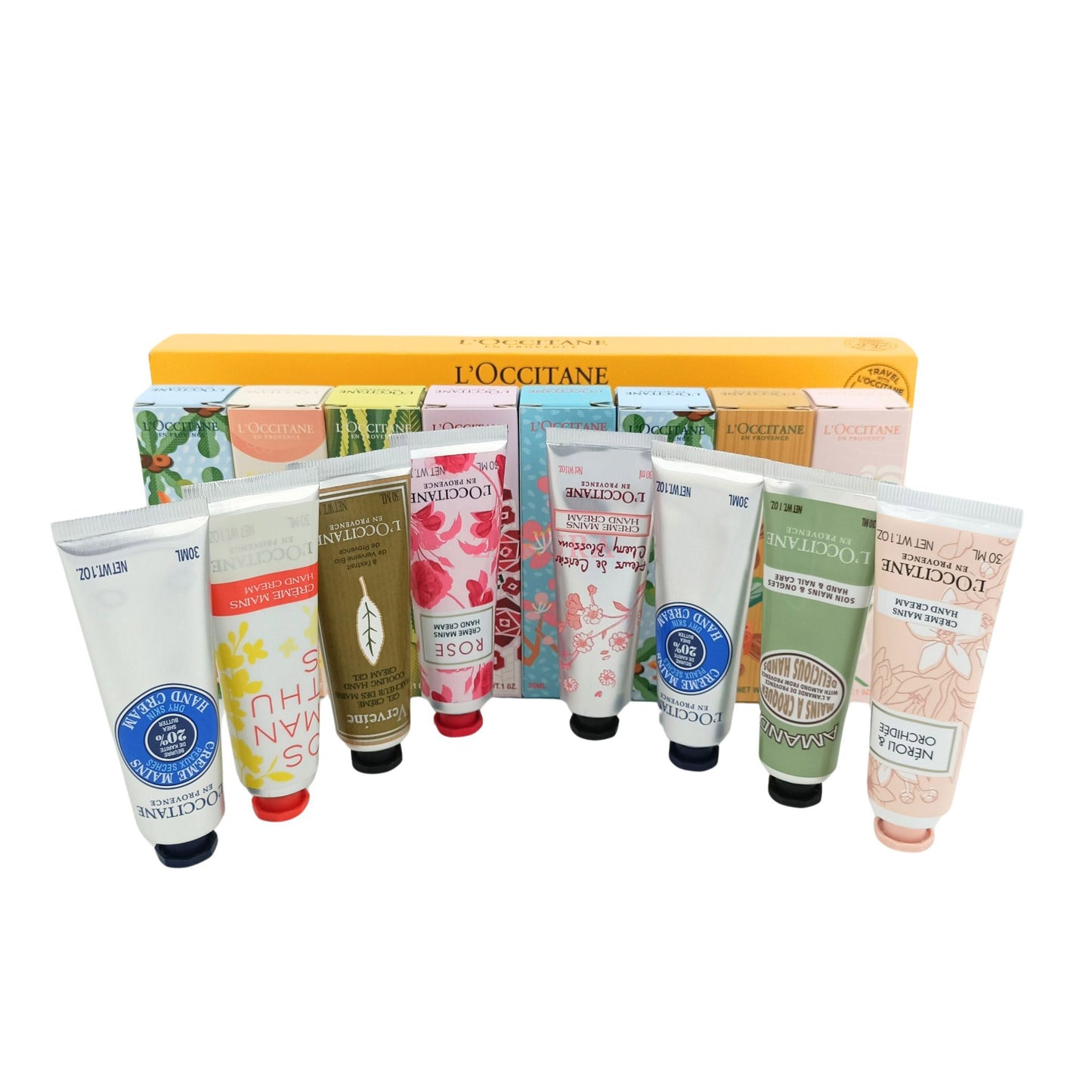 L'Occitane Lucky 8 Hand Cream Collection – 8 assorted 30ml tubes in gift packaging, available at Zakura Global for nourishing and fragrant hand care.