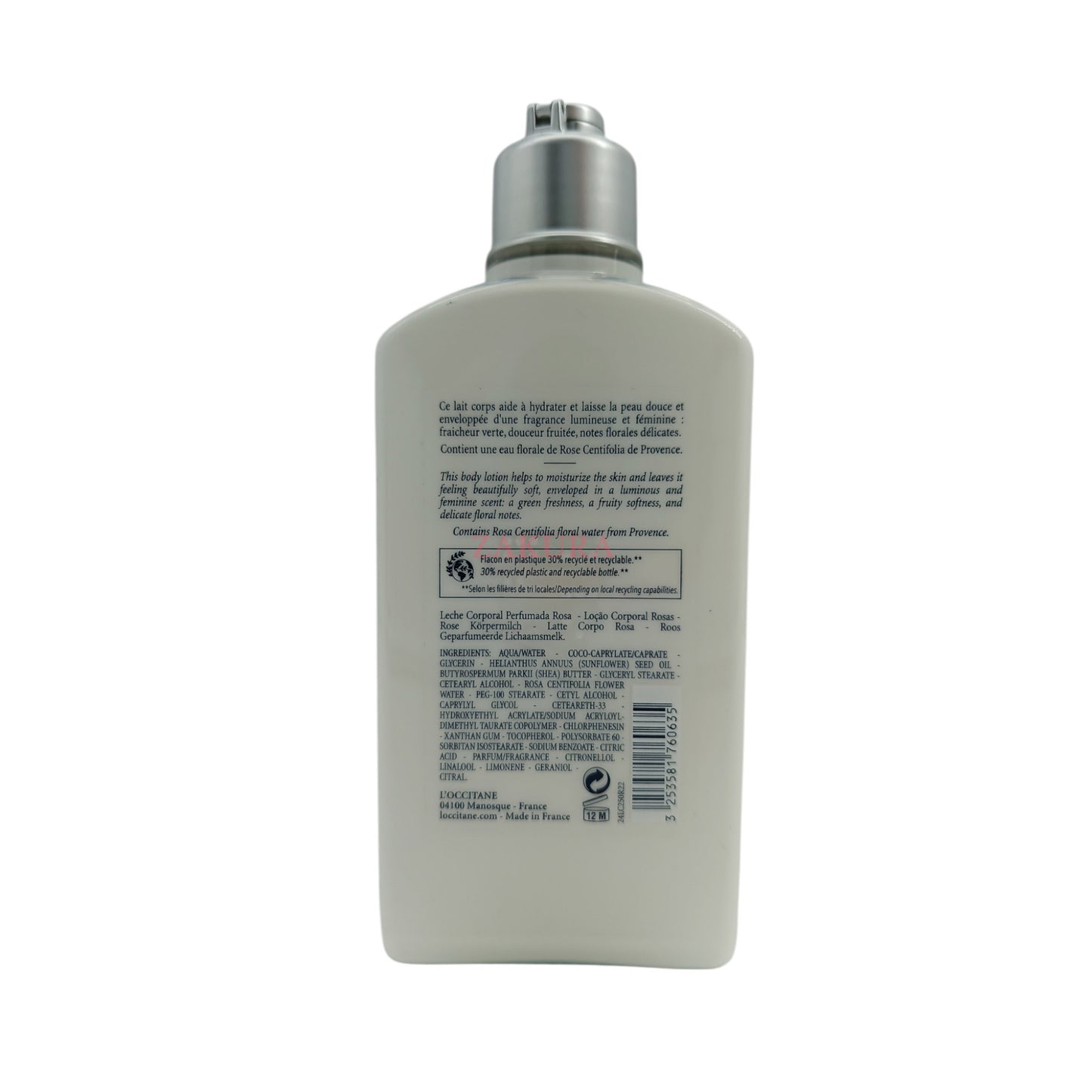 L'Occitane Rose Body Lotion – 250ml bottle for nourishing hydration and romantic rose fragrance, available at Zakura Global.