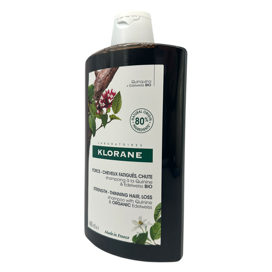 Klorane Shampoo with Quinine & Organic Edelweiss 400ml – botanical haircare for thinning hair, available at Zakura Global.