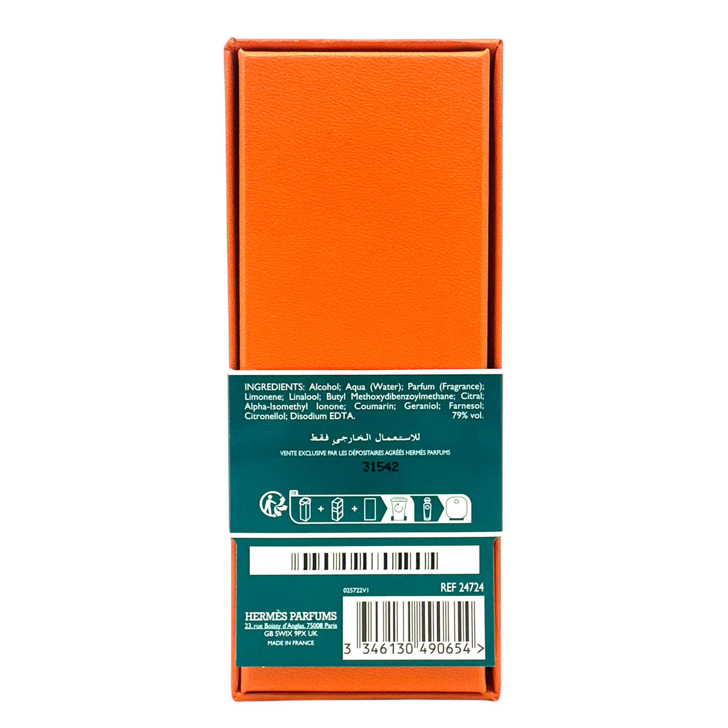 Hermes Concentre D'Orange Verte Eau De Toilette 100ml bottle, featuring a sleek green glass design with a black cap, representing a fresh citrus fragrance for men and women, available at Zakura Global.