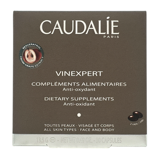 Caudalie Vinexpert Dietary Supplements – antioxidant capsules with resveratrol and borage oil for anti-aging skincare, available at Zakura Global.