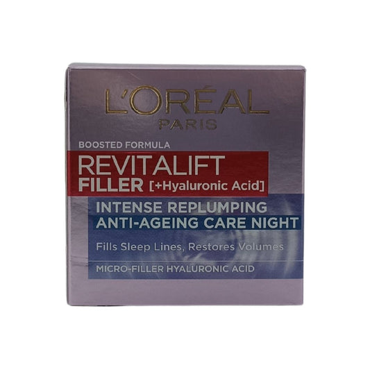 L'Oreal Revitalift Filler Night Cream – 50ml jar for overnight hydration and plumping, available at Zakura Global.