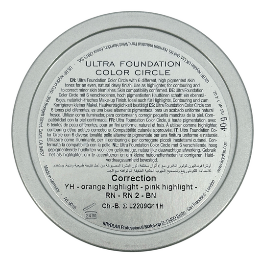 Kryolan Ultra Foundation Color Circle – 40g cream-based correction palette with 6 shades, available at Zakura Global.