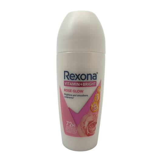 Rexona Bright Rose Glow Roll-On – brightening anti-perspirant with vitamins and rose scent, available at Zakura Global.