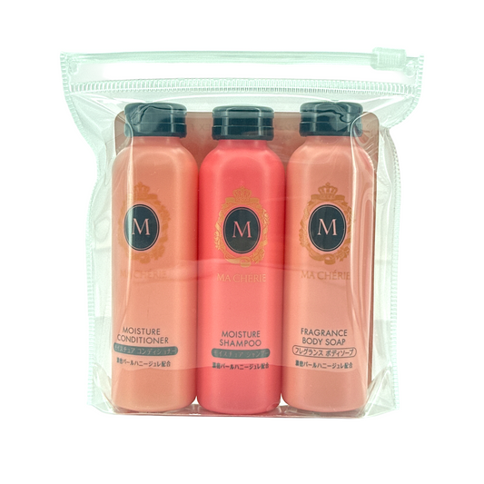 Shiseido Ma Cherie Travel Set – 3x50ml, Japanese shampoo, conditioner, and treatment with Champagne Honey Gelee, available at Zakura Global.