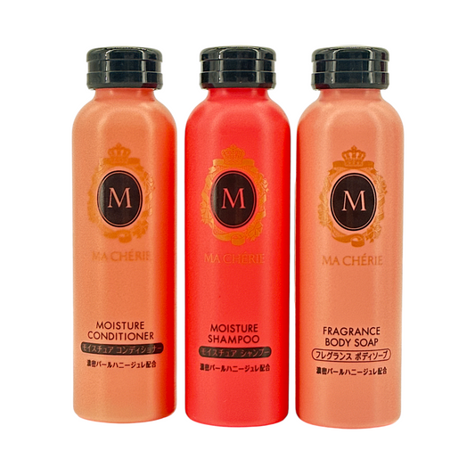 Shiseido Ma Cherie Travel Set – 3x50ml, Japanese shampoo, conditioner, and treatment with Champagne Honey Gelee, available at Zakura Global.