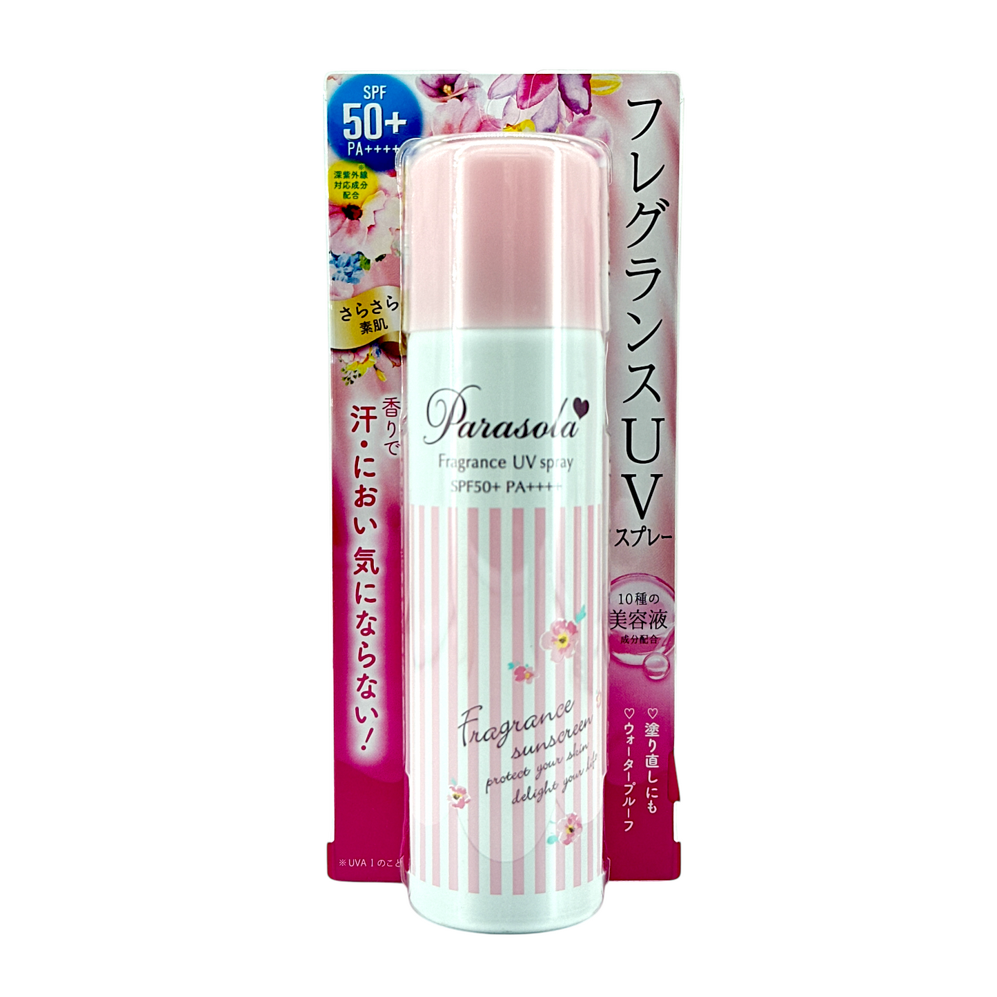 NARIS UP Parasola Fragrance UV Spray – SPF50+ PA++++ 90g, floral-scented Japanese sunscreen for face, body, and hair, available at Zakura Global.