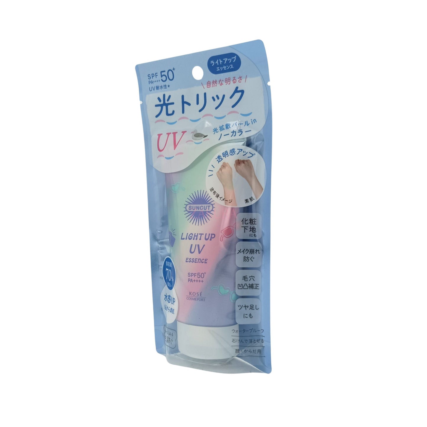 Kose Suncut Light Up UV Essence – 80g SPF50+ sunscreen with hydrating serum and glow-enhancing finish, available at Zakura Global.