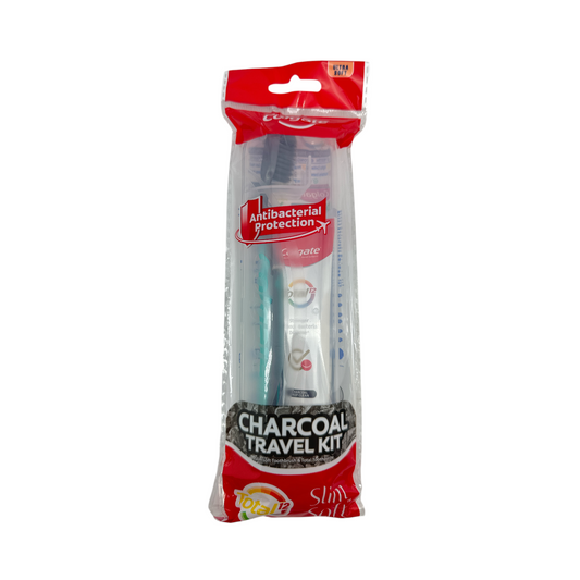 Colgate Charcoal Travel Kit – 1 Set with charcoal toothpaste and SlimSoft toothbrush, available at Zakura Global.