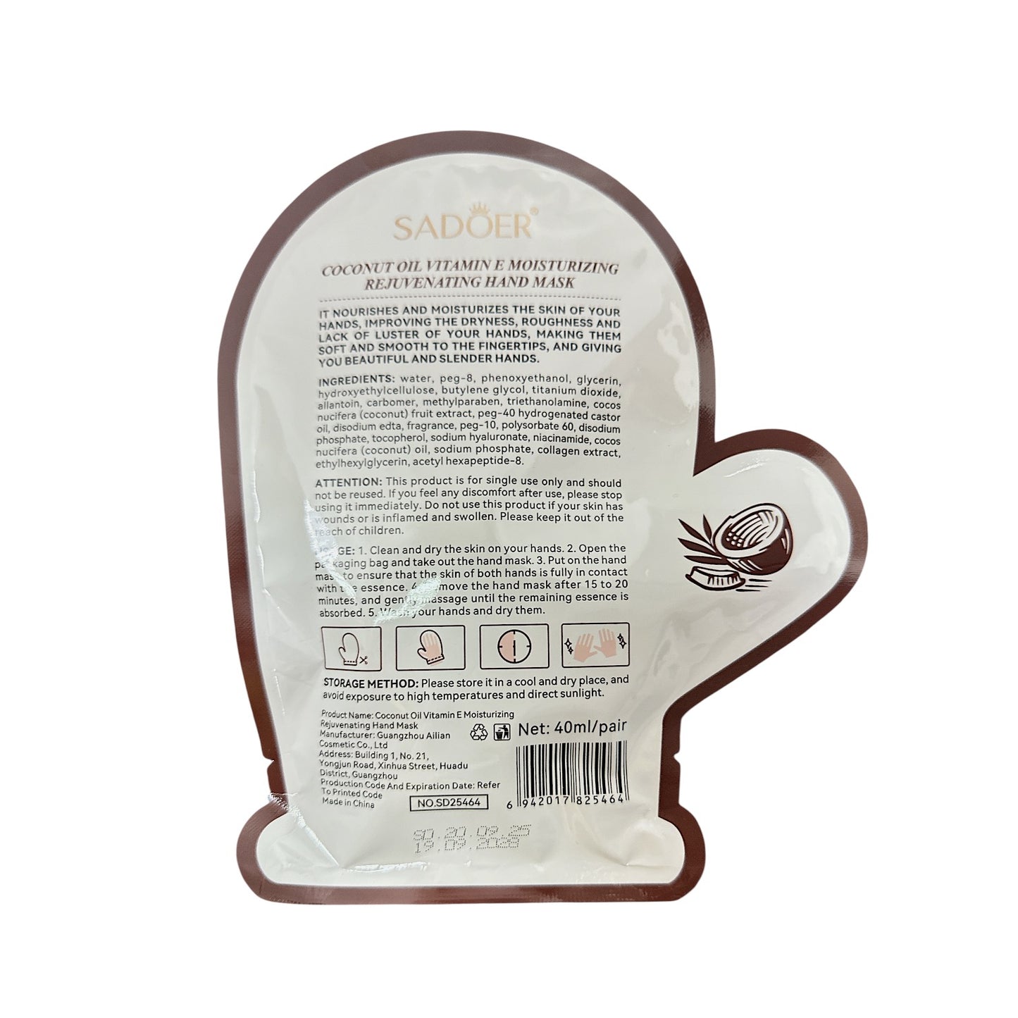 SADOER Coconut Oil Vitamin E Moisturizing Hand Mask 1pair