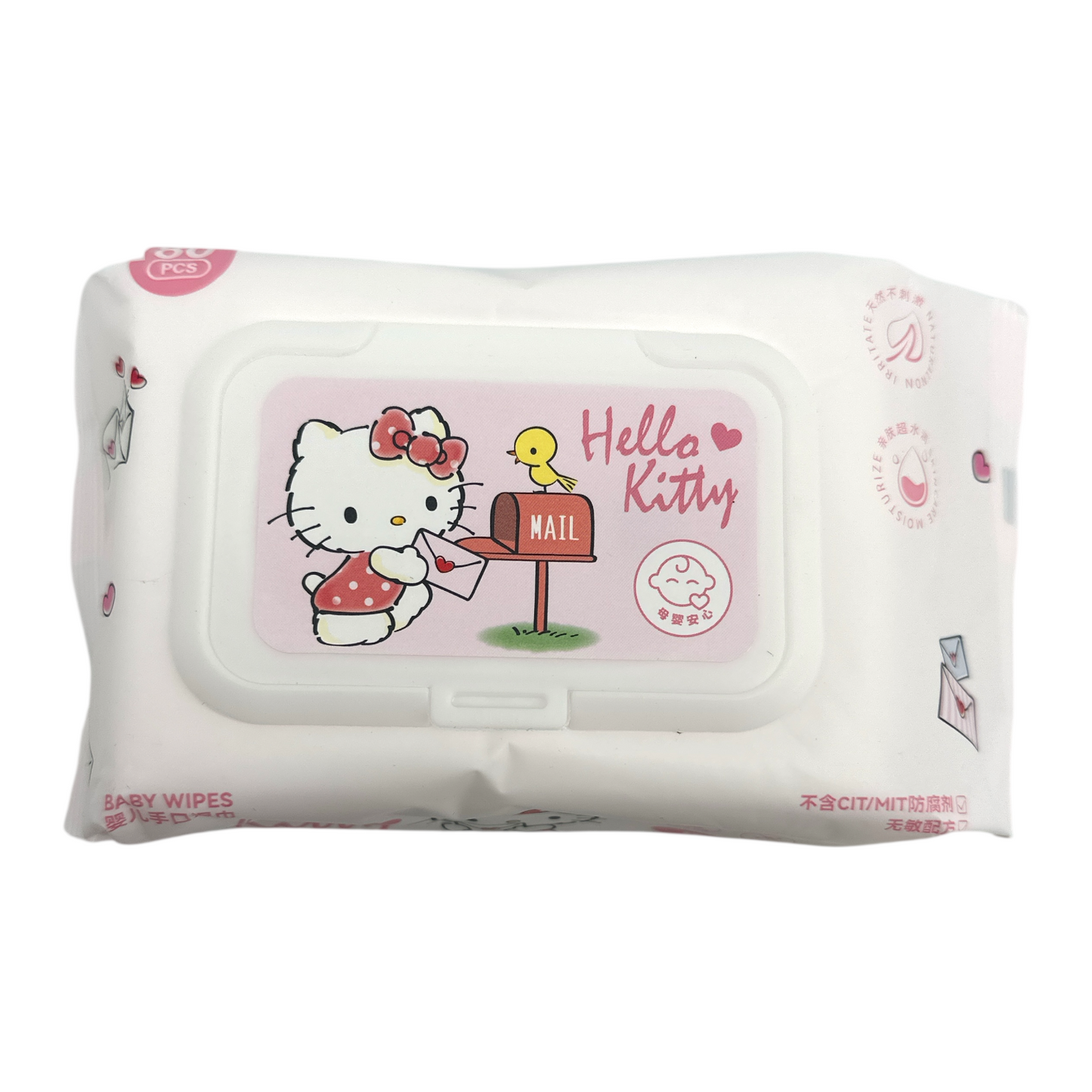 Ka Mi Wu Hello Kitty Baby Wipes – 80pcs alcohol-free, hypoallergenic wipes with hyaluronic acid for sensitive baby skin, available at Zakura Global.
