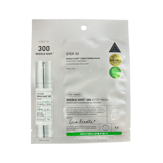VT Reedle Shot 300 2 Step Mask – Korean microneedle-inspired serum and vegan sheet mask for pore care and hydration, available at Zakura Global.
