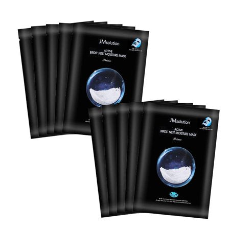 JM Solution Active Bird's Nest Moisture Mask – 10pcs hydrating sheet masks with swiftlet nest extract and hyaluronic acid, available at Zakura Global.