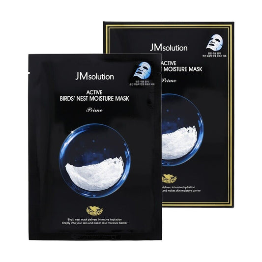 JM Solution Active Bird's Nest Moisture Mask – 10pcs hydrating sheet masks with swiftlet nest extract and hyaluronic acid, available at Zakura Global.