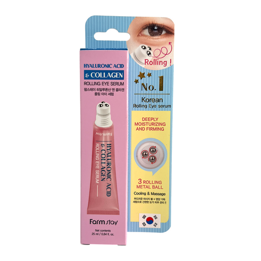 Farm Stay Hyaluronic Acid & Collagen Rolling Eye Serum – 25ml with 3-ball applicator, available at Zakura Global.
