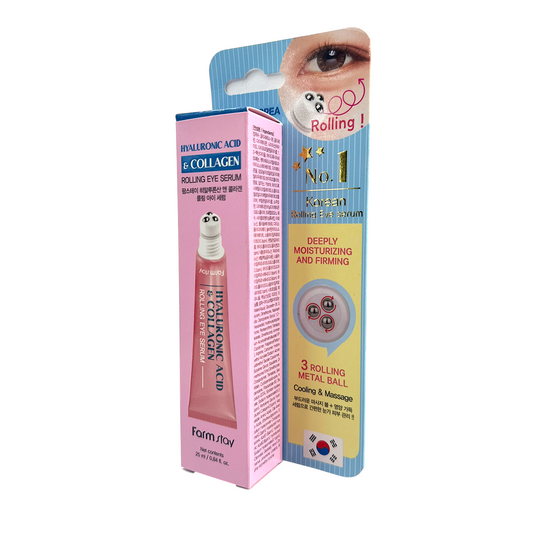 Farm Stay Hyaluronic Acid & Collagen Rolling Eye Serum – 25ml with 3-ball applicator, available at Zakura Global.