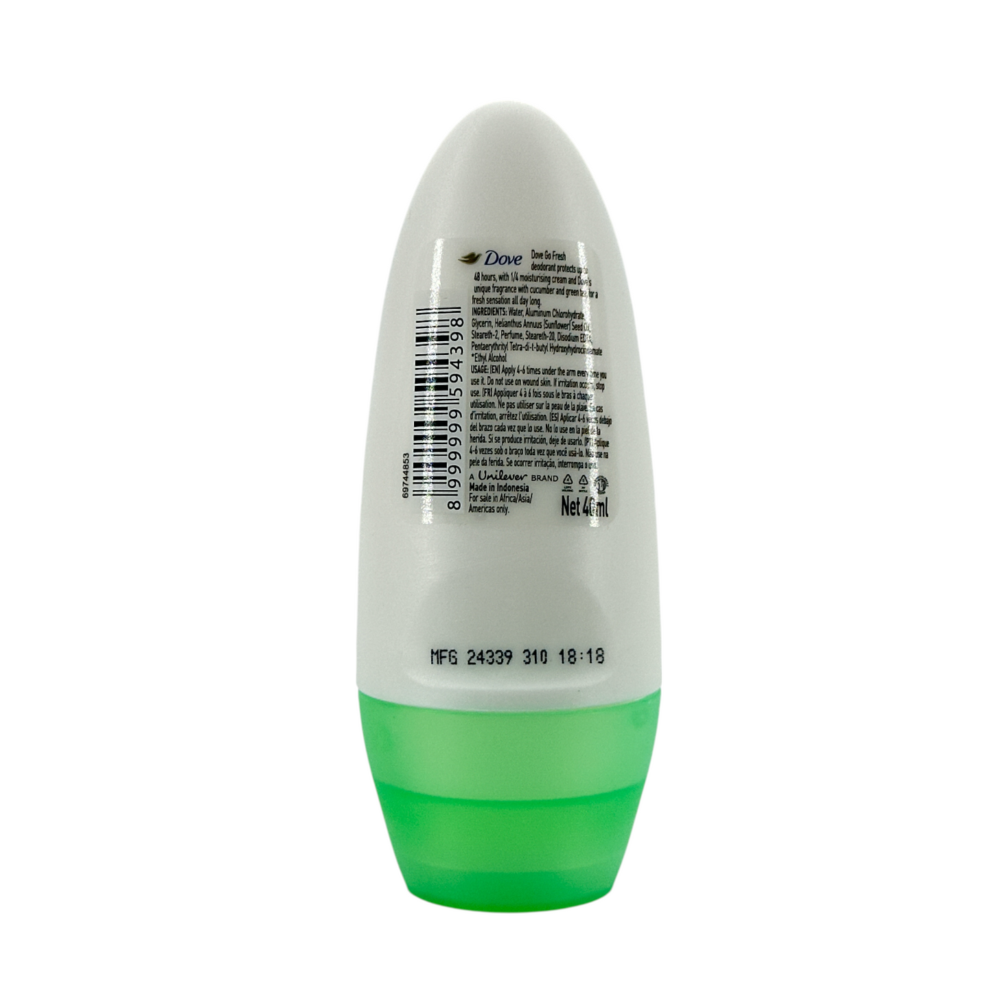 Dove Roll On Cucumber & Green Tea 40ml – refreshing deodorant with skin care benefits, available at Zakura Global.