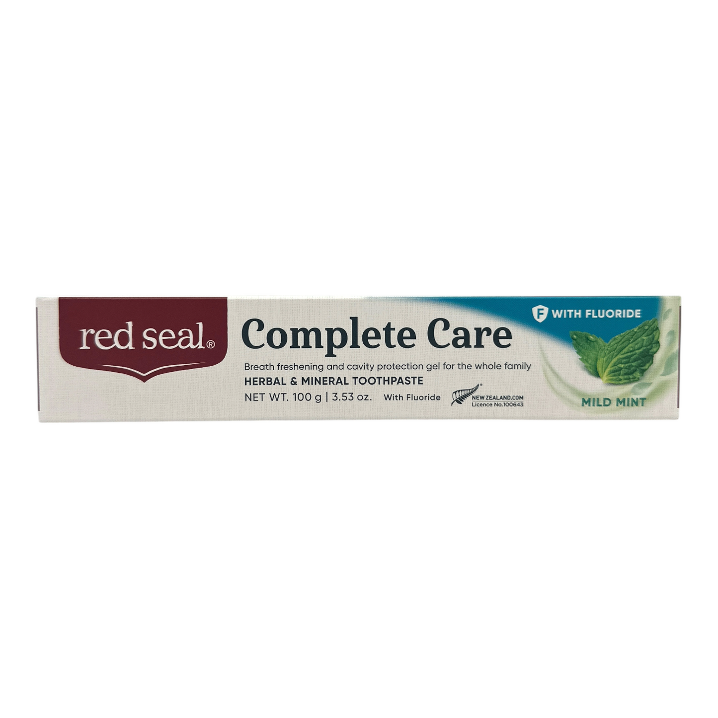Red Seal Complete Care Fluoride Toothpaste 100g – mild mint flavor with cavity protection and herbal extracts, available at Zakura Global.