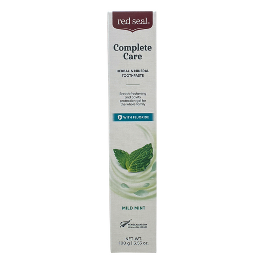 Red Seal Complete Care Fluoride Toothpaste 100g – mild mint flavor with cavity protection and herbal extracts, available at Zakura Global.