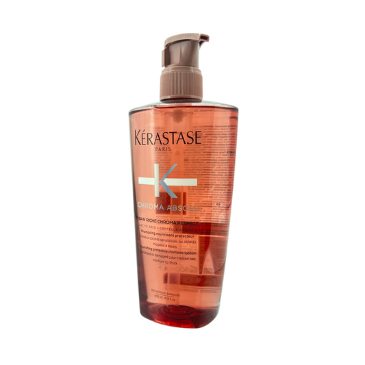 Kerastase Chroma Absolu Bain Riche Chroma Respect Shampoo 500ml – sulfate-free shampoo for medium to thick color-treated hair, available at Zakura Global.

