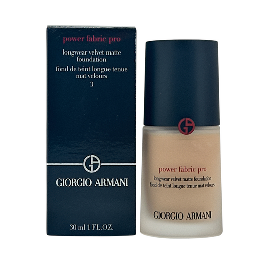 Giorgio Armani Power Fabric Matte Foundation – Shade 3, 30ml bottle for fair skin with rosy undertones, available at Zakura Global.
