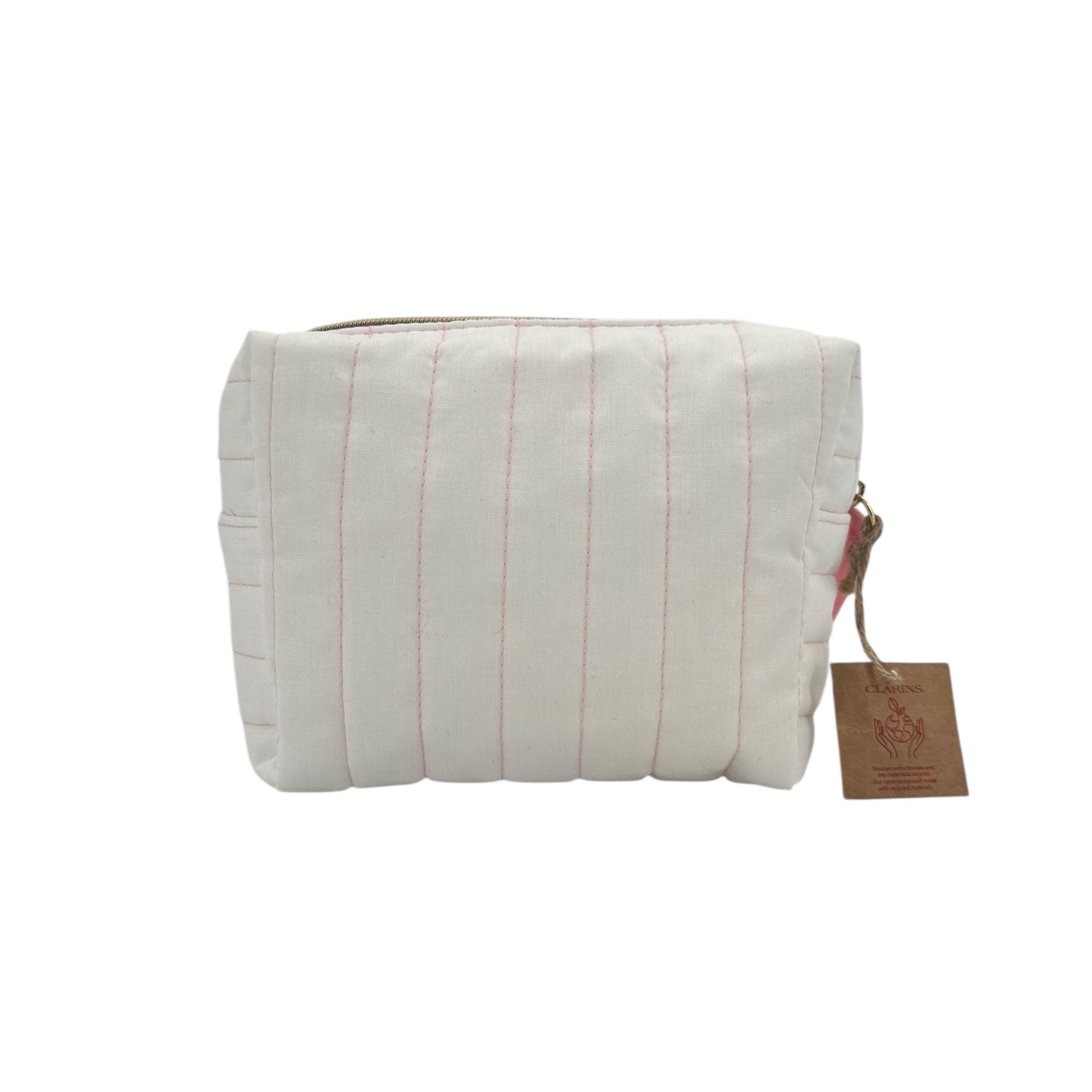 Clarins White cosmetic bag with pink pinstripe 1pc