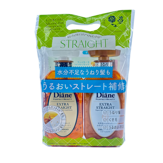 Moist Diane Extra Straight Repair Haircare Set – smoothing shampoo and conditioner for frizzy hair, available at Zakura Global.

