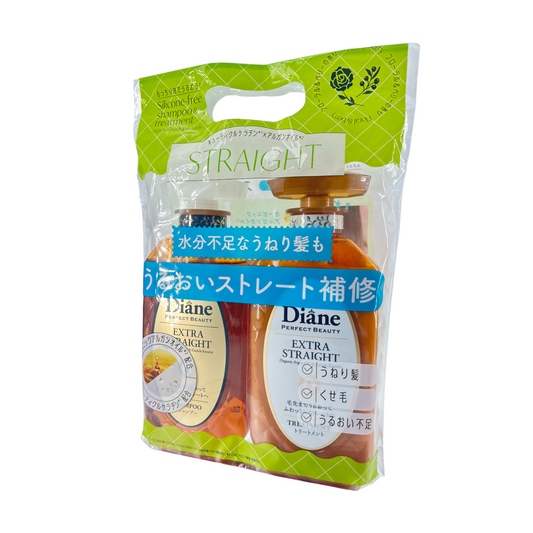 Moist Diane Extra Straight Repair Haircare Set – smoothing shampoo and conditioner for frizzy hair, available at Zakura Global.

