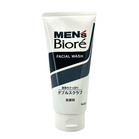 Biore Men's Double Scrub Facial Wash 130g – dual-action exfoliating cleanser for oily and acne-prone skin, available at Zakura Global.

