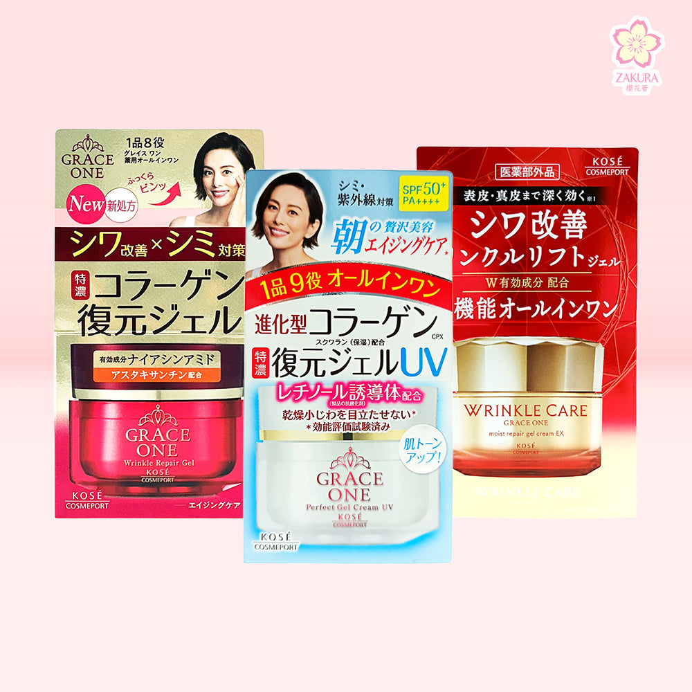 Kose Grace One Wrinkle Repair Gel Cream 100g jar with anti-aging ingredients, available at Zakura Global.