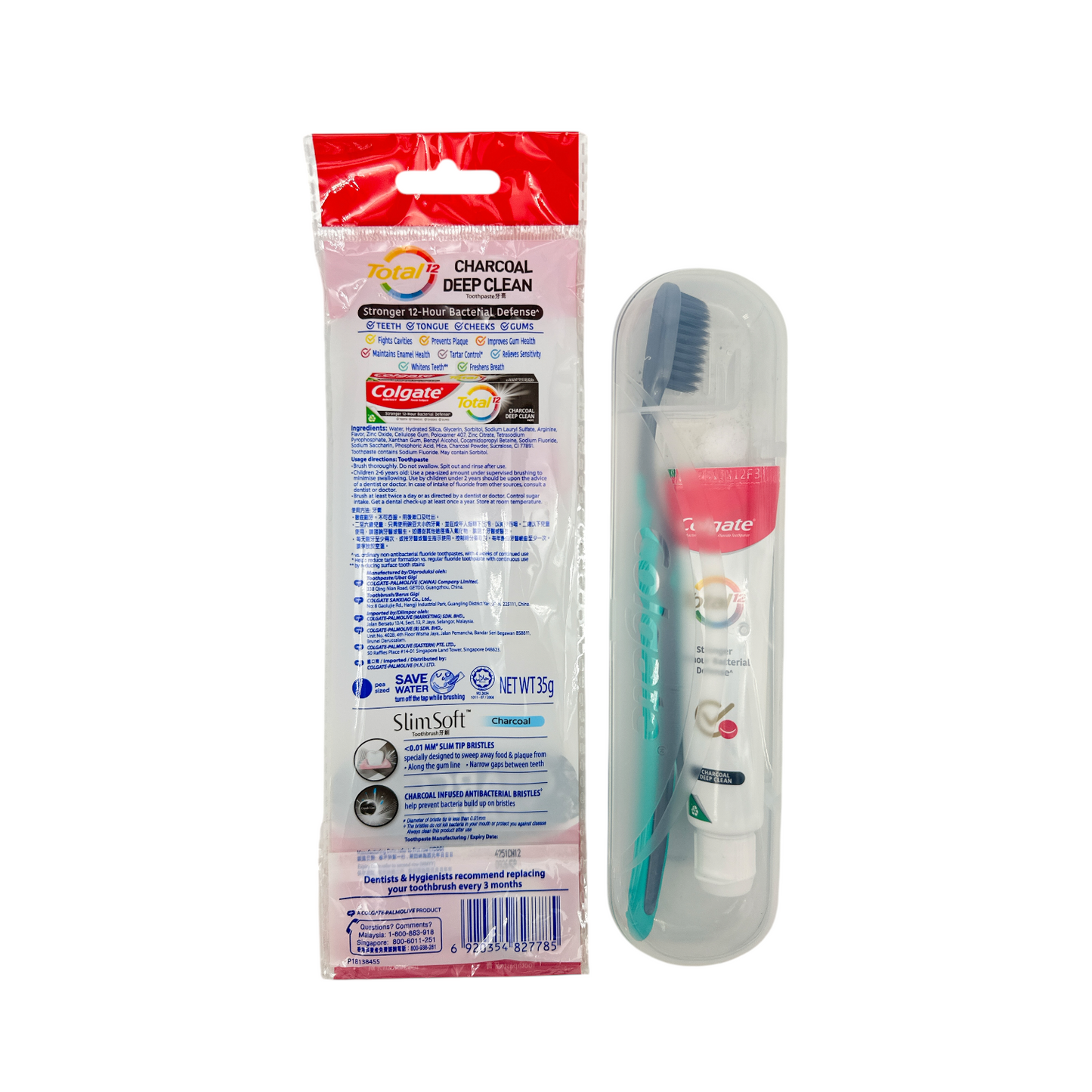 Colgate Charcoal Travel Kit – 1 Set with charcoal toothpaste and SlimSoft toothbrush, available at Zakura Global.