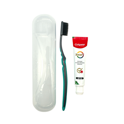 Colgate Charcoal Travel Kit – 1 Set with charcoal toothpaste and SlimSoft toothbrush, available at Zakura Global.