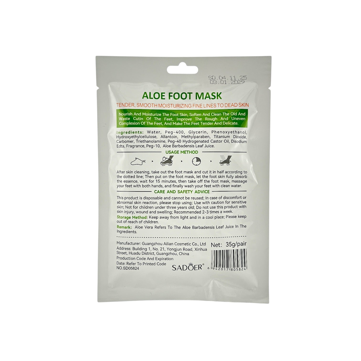 SADOER Aloe Foot Mask 1pair