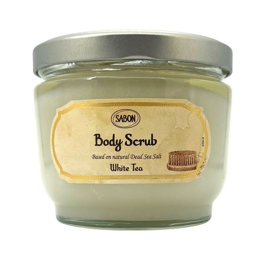 Sabon White Tea Body Scrub 600g – Dead Sea salt exfoliator with botanical oils and fig-lemon-jasmine scent, available at Zakura Global.
