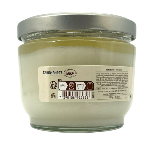 Sabon White Tea Body Scrub 600g – Dead Sea salt exfoliator with botanical oils and fig-lemon-jasmine scent, available at Zakura Global.