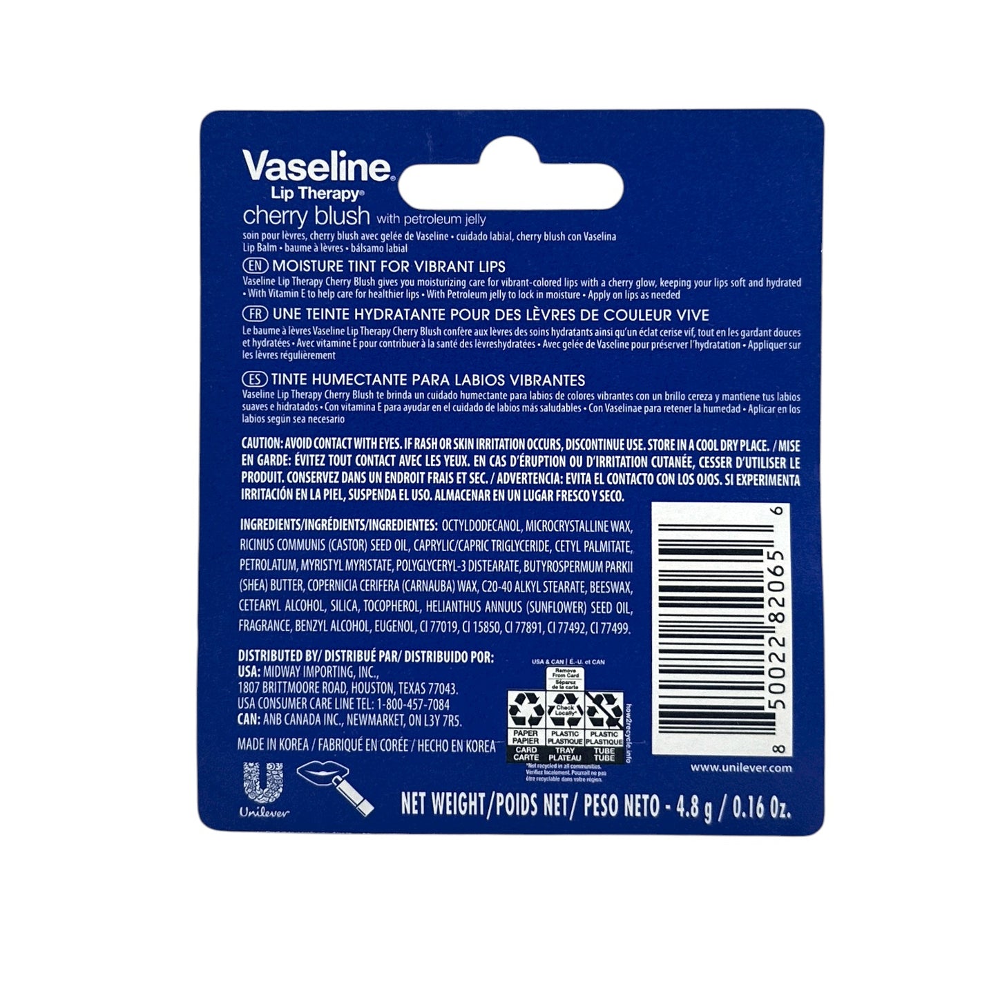 Vaseline Cherry Blush Lip Stick 4.8g by Zakura Global – moisturizing lip balm with cherry tint for soft, hydrated lips.