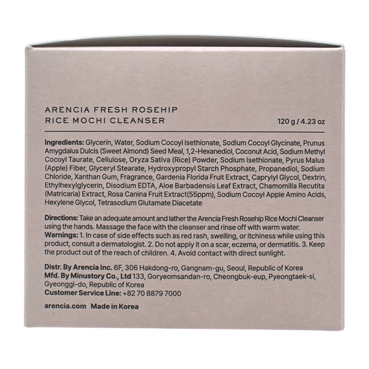 Arencia Fresh Rosehip Mochi Cleanser – Korean mochi-textured cleanser with rosehip and aloe vera, available at Zakura Global.