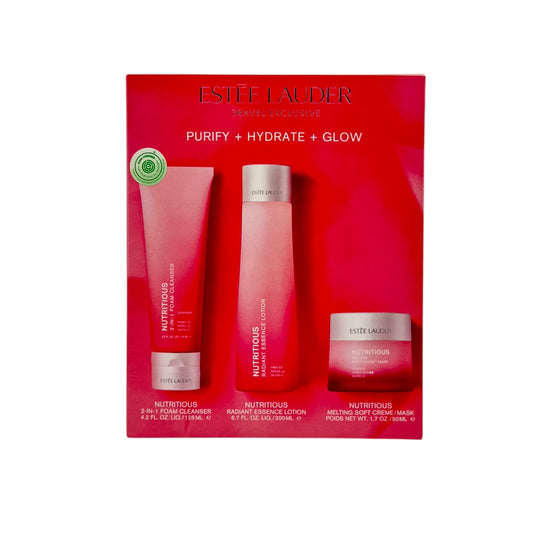 Estee Lauder Nutritious Set 3pcs – Cleanser, Essence & Moisturizer for radiant, hydrated skin from Zakura Global.