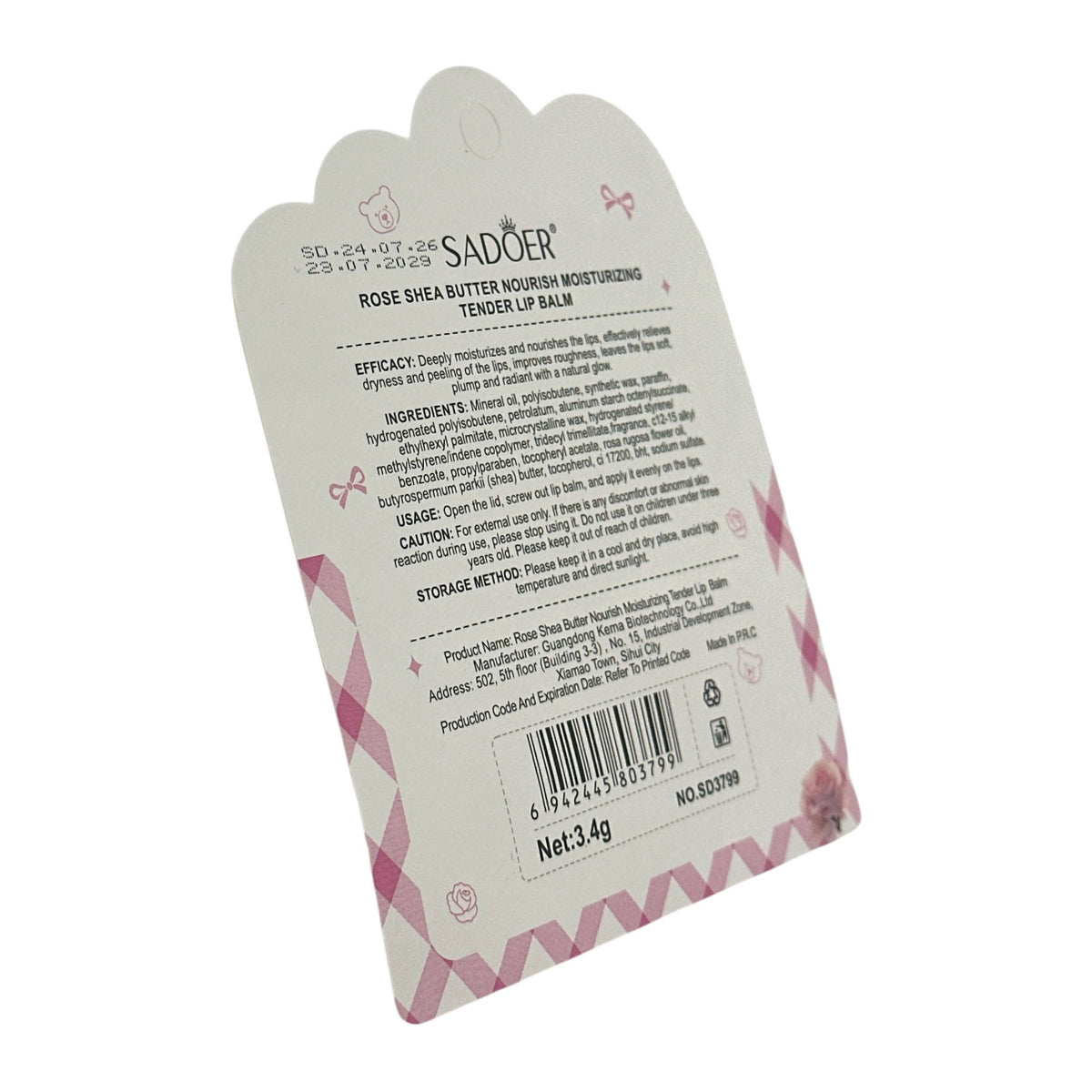 SADOER Rose Shea Butter Nourishing Softening Lip Balm Be 3.4g